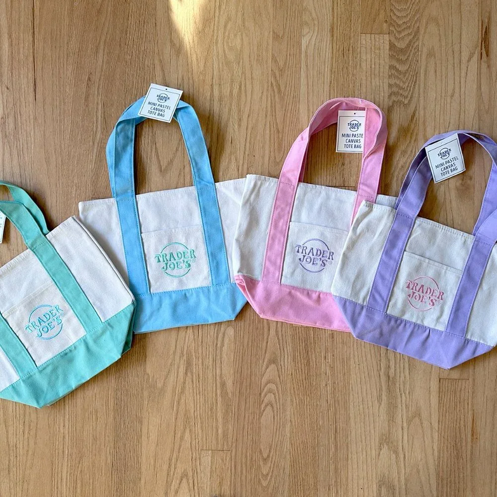 NEW 4X Trader Joe's Mini Pastel Canvas Tote Bag Spring Colors Set of 4 Bags HTF - Picture 2 of 2